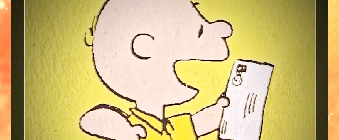Comic strip Charlie Brown image running with a letter in his hand
