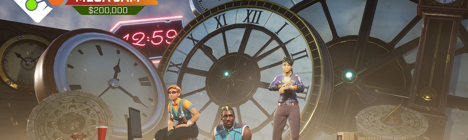 A group of game characters sit and stand around a number of huge clock faces and old computers. They appear to be waiting for something. The caption reads “Unfinished Business”