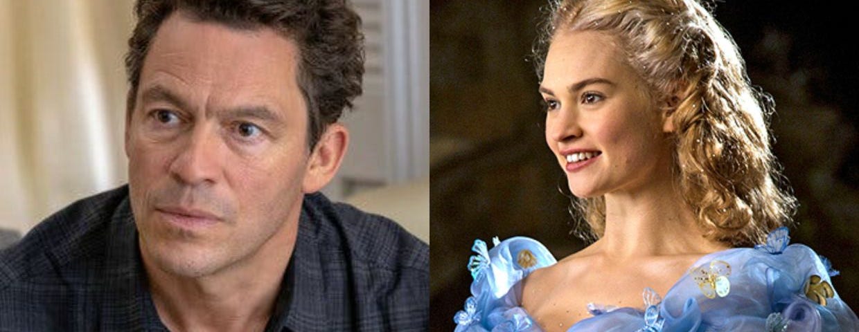 A composite photograph of Dominic West in a dark shirt and Lily James in her Cinderella costume dress