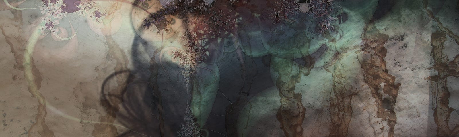Composite image of a woman’s frightened eyes, rusting texture and cosmic fractals in muted and dark tones.