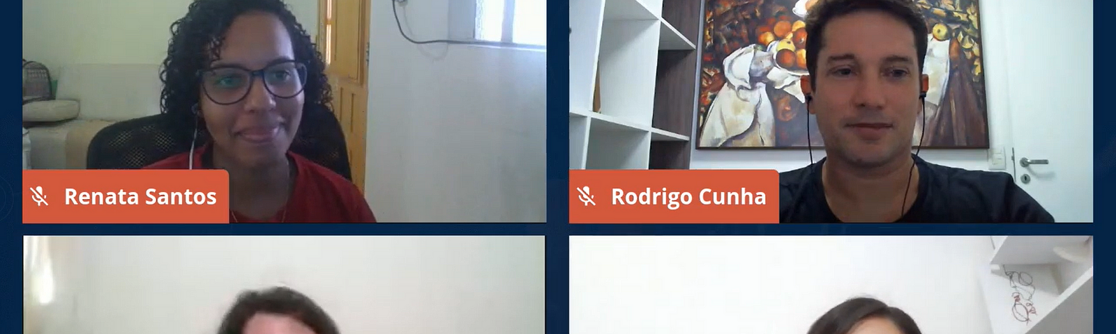 Captura de imagem de webinar com Renata Santos, Rodrigo Cunha, Marcio de Lucas e Joyce Sá.