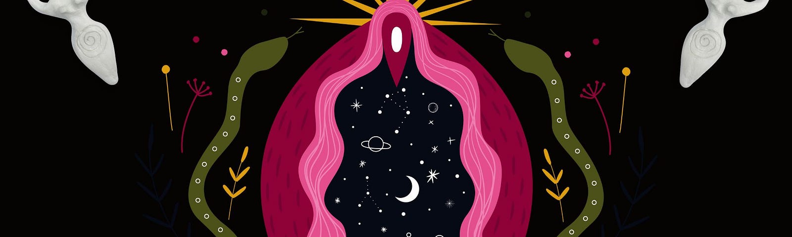 a collage of goddesses arrayed around an artistic holy pink Vulva, with a star at its peak and then nightime sky and sliver of cresent moon inside. Not vulgar or graphic, but vulvic, very tasteful.