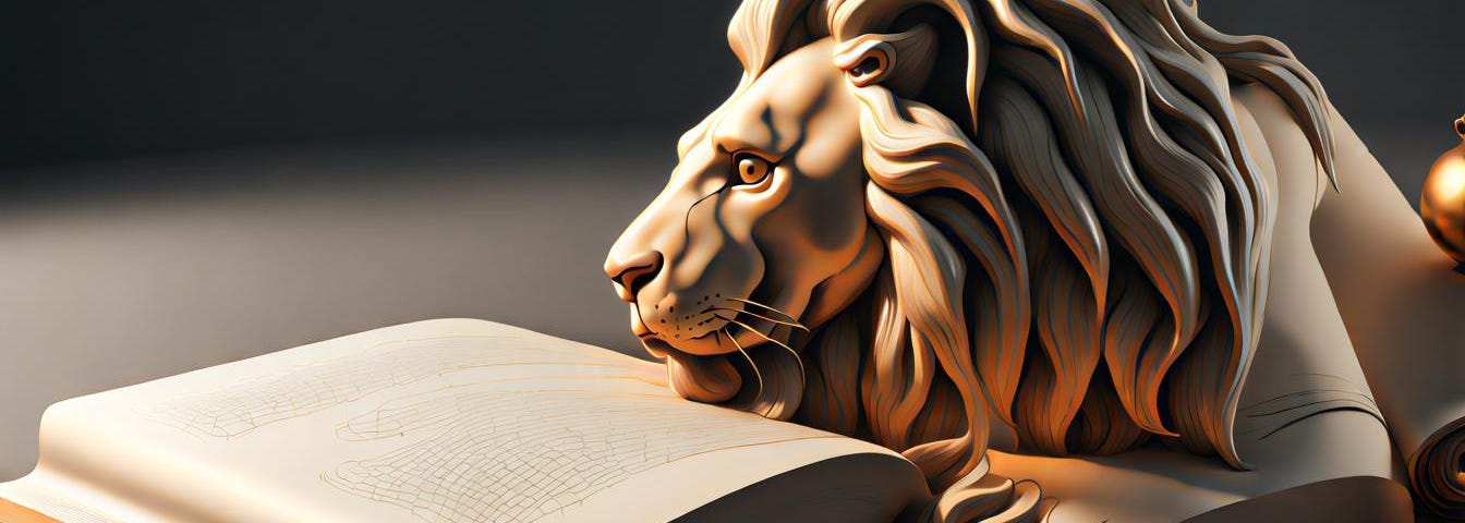 Stone lion looking over large book