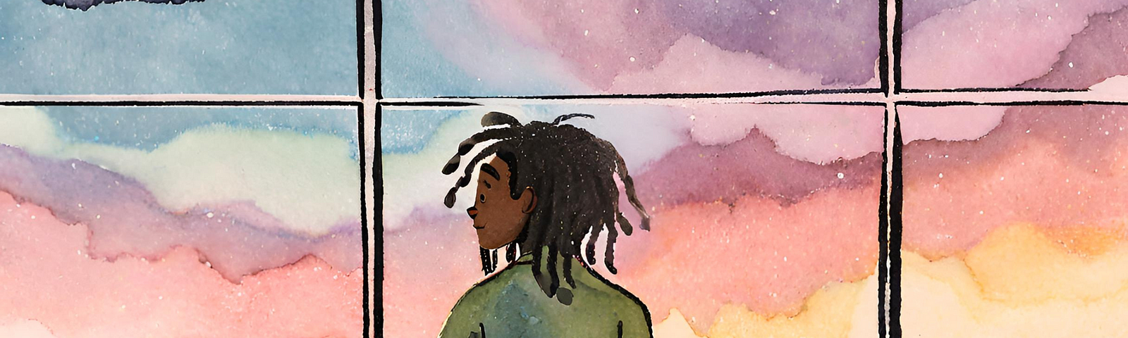 A Black student with dreadlocks, wearing a greenish blue shirt stands in front of a window with a beautifully colored sky: purple, pink, red, orange, and yellow. Two piles of books are to the left of the boy and one to the far right. The mood is somber, reflective, and possibly hopeful