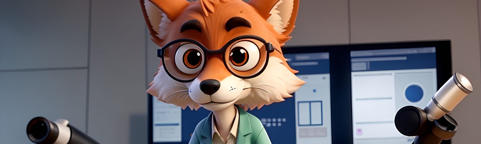 An AI-generated fox in the style of a Pixar 3D animation, wearing a light-green short-sleeved lab coat, standing behind a desk in an office with unknown technology instruments around him and a computer screen behind him with what looks like research on it.