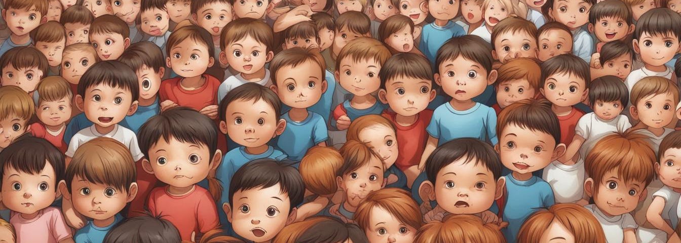 Lots of children, cartoon image.