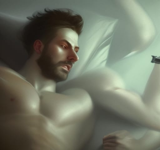 A hunky, naked guy in bed.