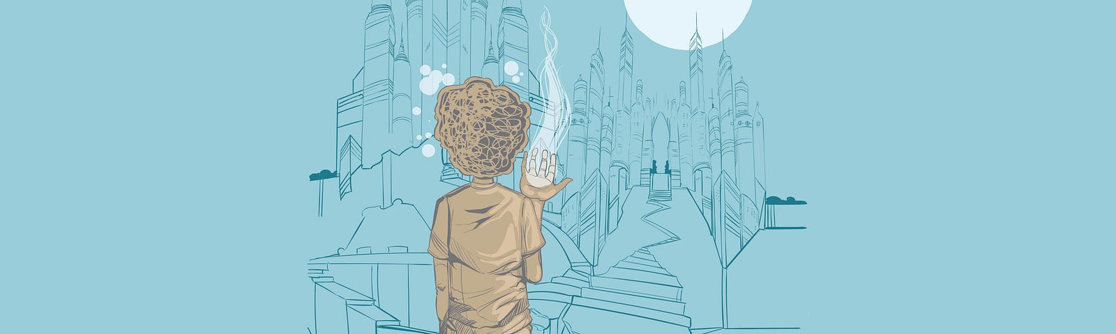 This image is the first in a series of original illustrations by Asaan “Swamburger” Brooks. A Black kid with an afro shows his back to viewers. He faces a majestic metropolis,  winding walkways, and crumbling sidewalks. A bold pale blue moon hangs over skyscrapers. The kid holds up his right hand which emanates a pale blue flame. Smoke crowns his head. An orange rolls away from him. The apple doesn’t fall too far from the tree.