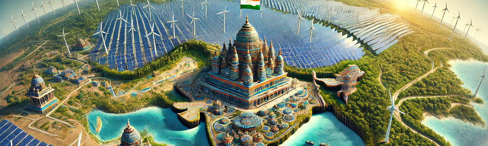 ChatGPT & DALL-E generated panoramic image of Indian-motif climate action with the Indian sub-continent covered in solar panels, wind farms and mangroves