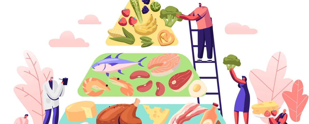 vector graphics of people gathering around a food pyramid for a ketogenic diet