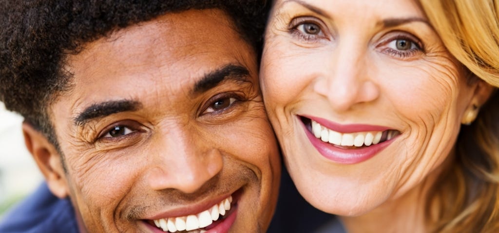 White mother with adult half-Black son, both smiling and hugging. Intergenerational. Interracial. Famili