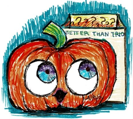 A Halloween pumpkin with very big eyes lookng up at a bag behind him that says “Better than Trick or Treat.”