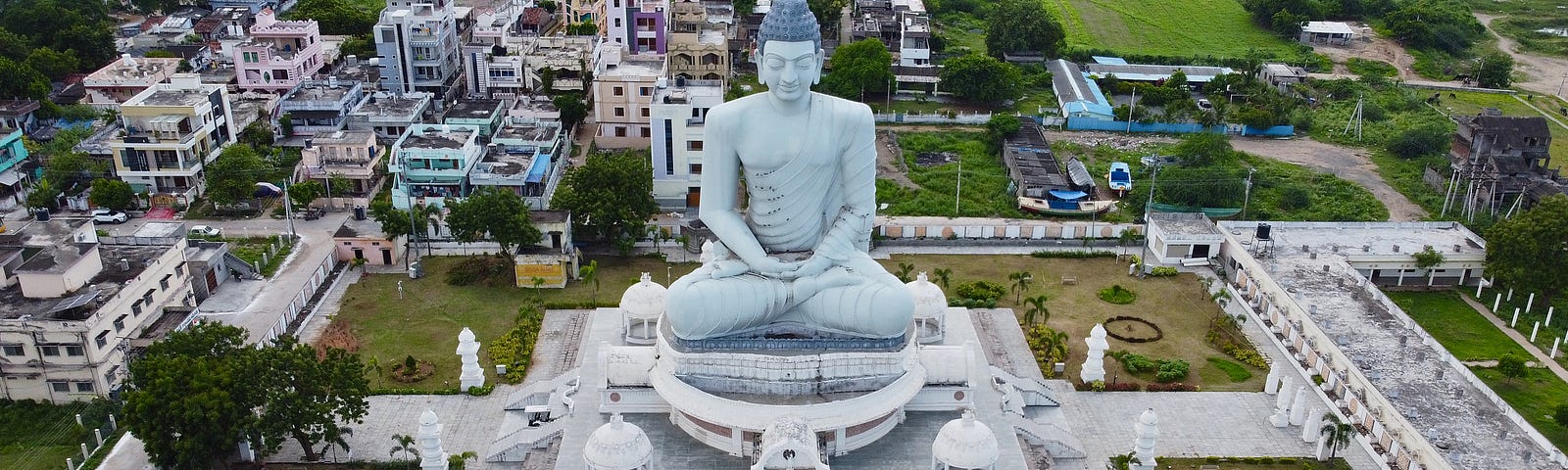 Aerial view of the famous Dhyana Buddha statue in Amaravathi, India.