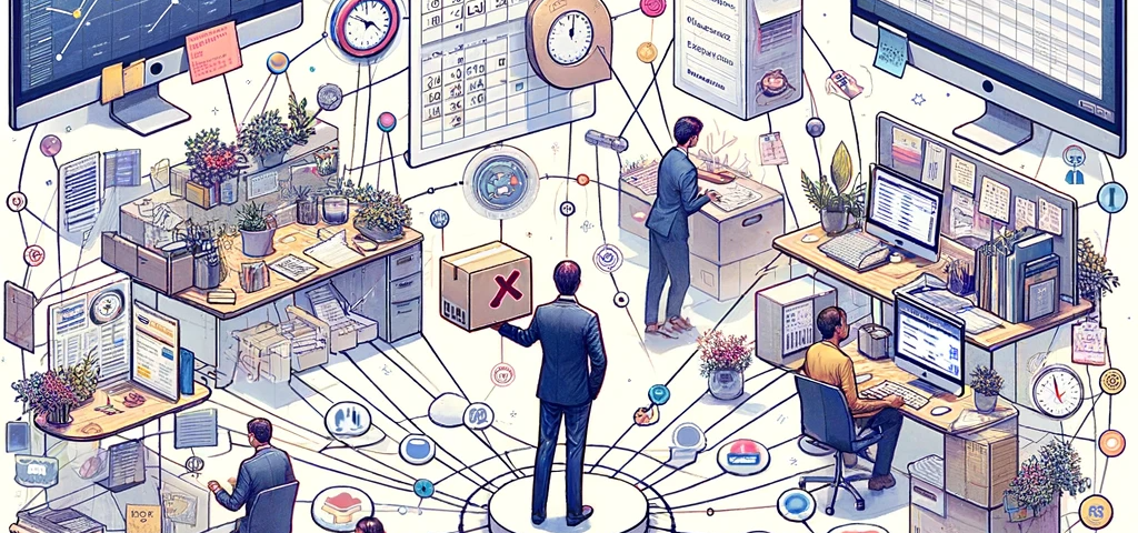 An illustration that captures the essence of balancing different types of work priorities within a professional setting. The image features a person standing at the center of a complex, interconnected network of tasks and responsibilities. Around them, a variety of activities are taking place: another person organizing a calendar, someone shipping a box labeled ‘X’, a third individual updating email templates on a computer, and a fourth person responding to messages on Slack.