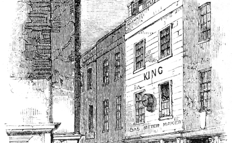 Drawn illustration of Cock Lane, including buildings and people in the street.