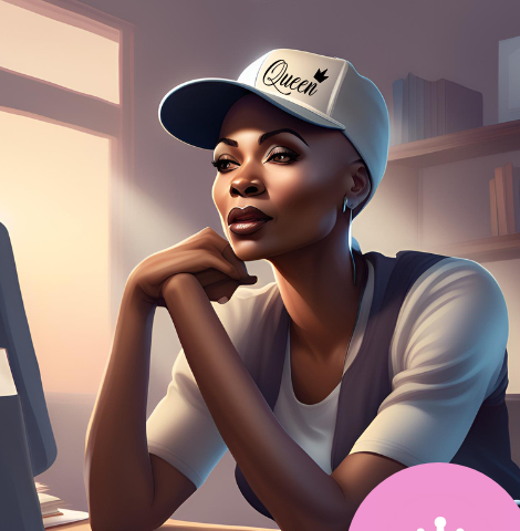 An attractive middle-aged woman sitting at her desk with a baseball cap that says “Queen”