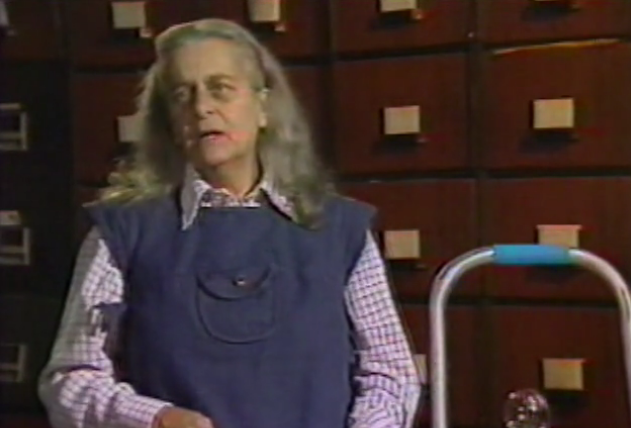 Screengrab of Judith Merril introducing Doctor Who on TVOntario, in the 1970s.