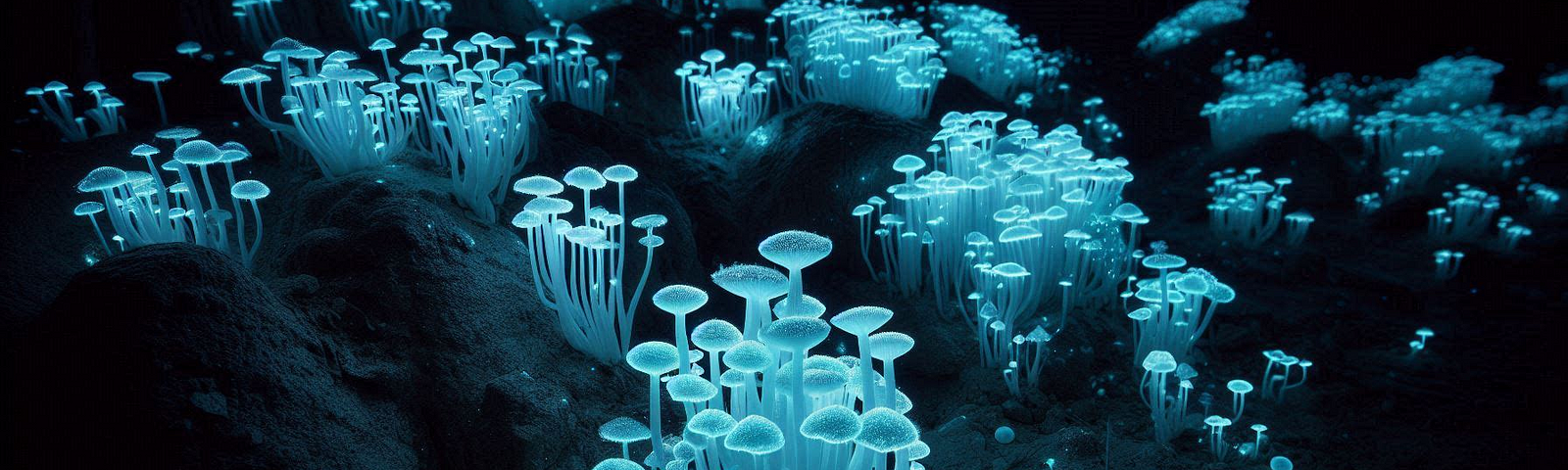 bioluminescent fungi growing in the dark