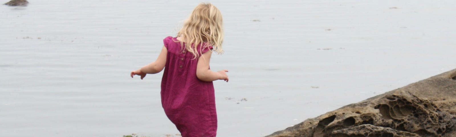 a girl in a purple dress walks on a rocky shoreline