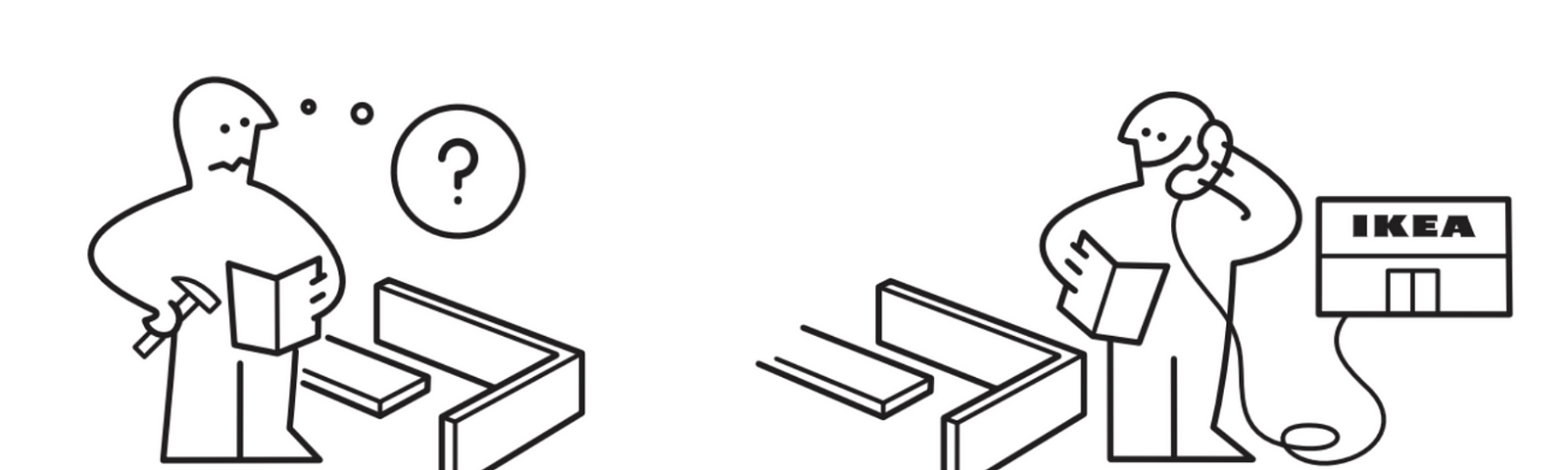 Um cliente do Ikea está confuso e liga para o apoio telefónico enquanto tenta montar um móvel, excerto de um manual de montagem