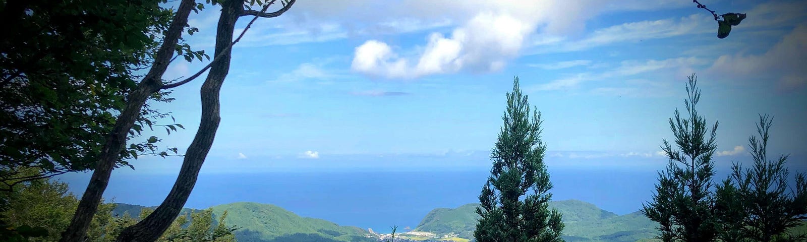 Sanze village near Mt. Fujikura surrounded by green mountains and the blue Sea of Japan can be seen through the trees in the distance through the trees of Mt. Fujikura