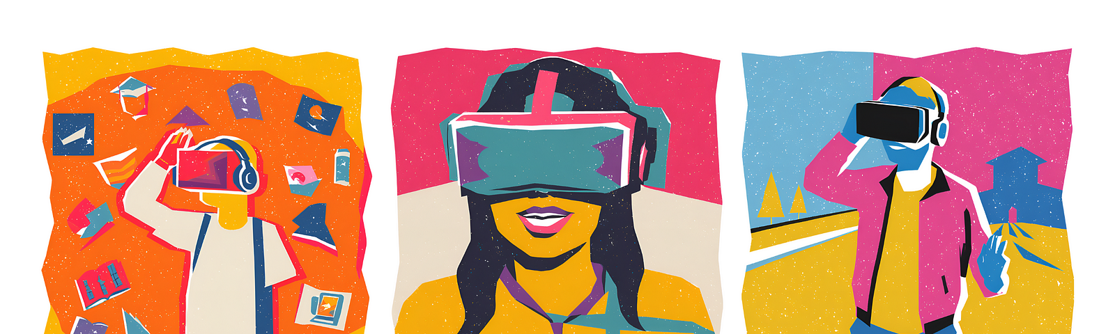 Risograph style graphic of students wearing virtual reality headsets