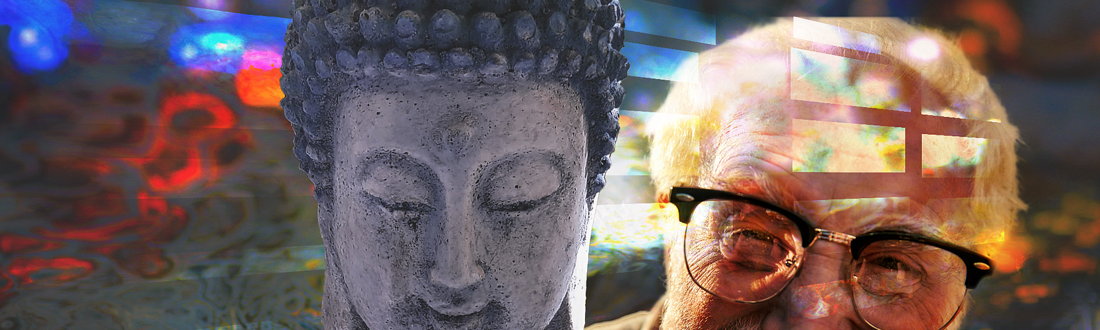 Budda overlooking shoulder of chuckling old man, abstract background
