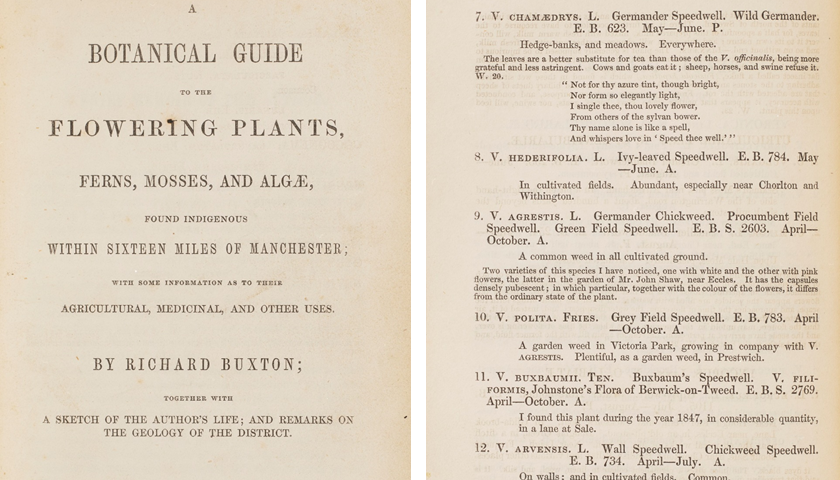 Two adjacent images. On the left a printed title-page. On the right printed entries for various flowers.