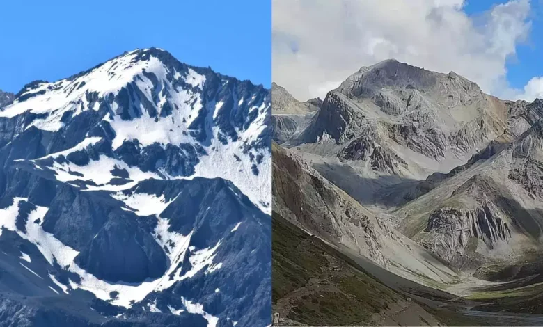 A sacred Himalayan mountain, one image with snow the other without it.