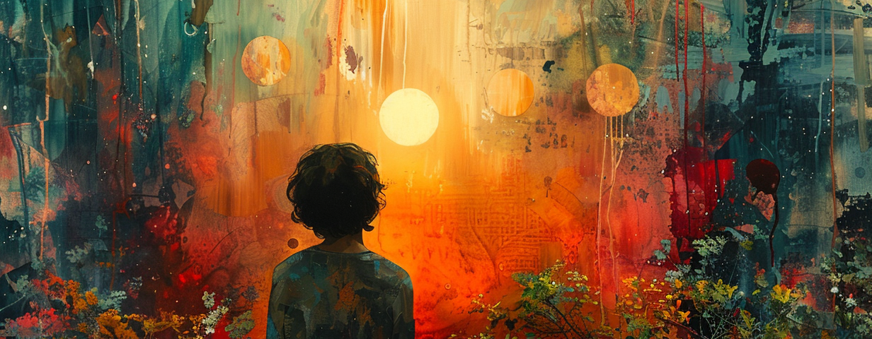 A person visualizing different life scenarios, mixed media art, contemplative atmosphere, vibrant color palette, diffused light, dynamic composition, with thought bubbles illustrating various outcomes, high-resolution quality.