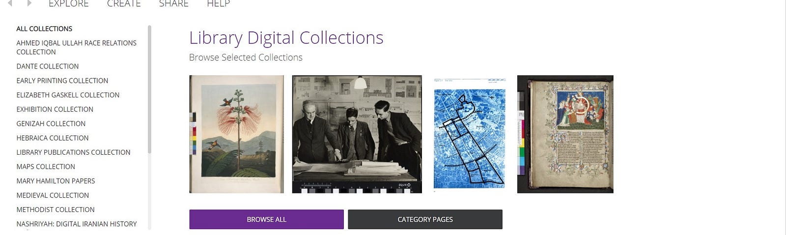 Homepage of the Library Digital Collections