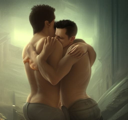 Two handsome men, naked from the waist up, embracing and being intimate.