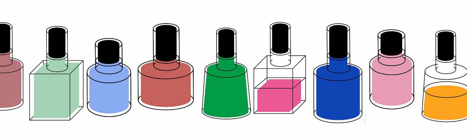 Image shows an illustration of a variety of nail polish bottles in many shapes and colors.
