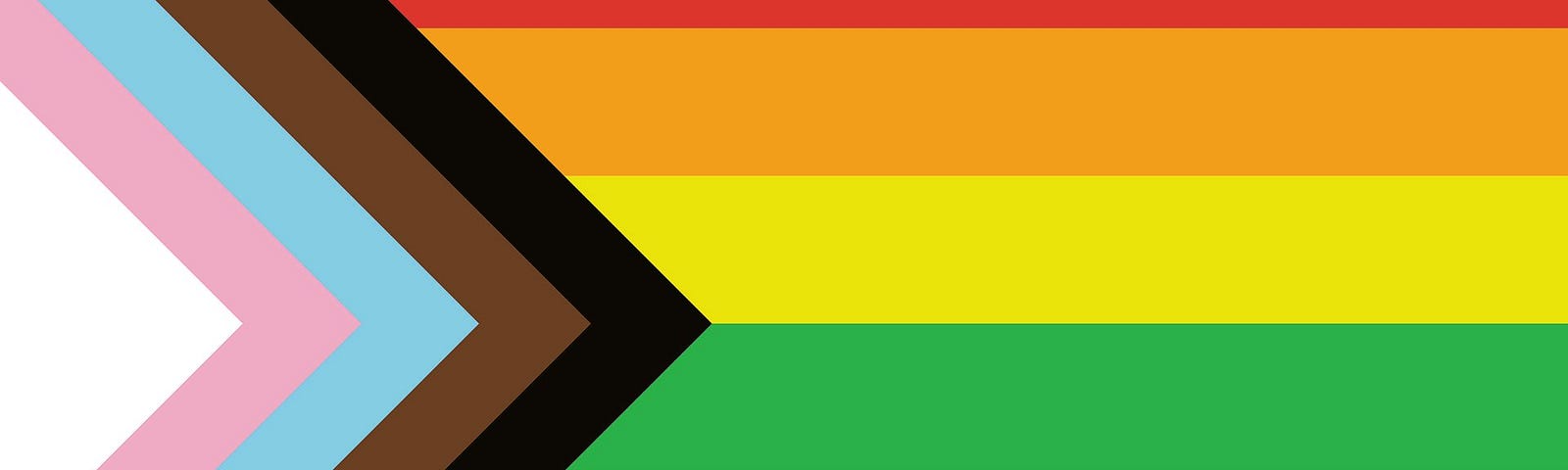A pride flag is depicted. It includes horizontal stripes with a red stripe at top followed by orange, yellow, green, blue, and purple stripes below. On the left side of the flag is a white triangle followed to the right by pink, blue, brown, and black chevrons.