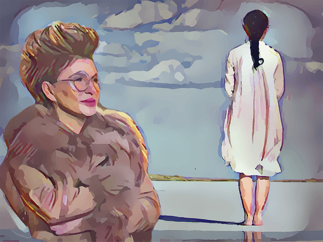 Woman with glasses, puffy hair and coat, to her right a younger woman, wearing all white, hair braided.