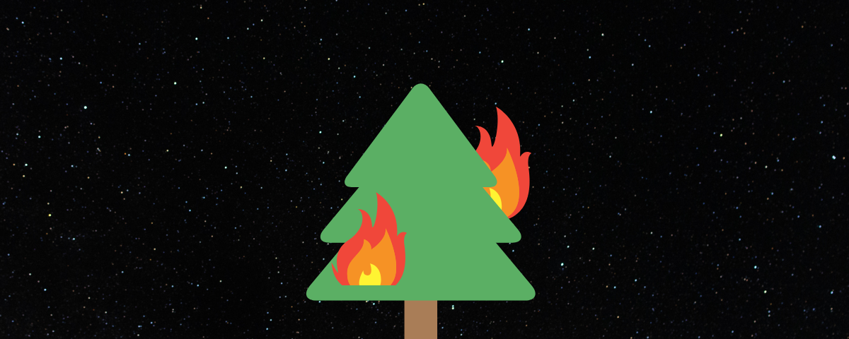 A cartoon tree on fire, on a background of the night sky.