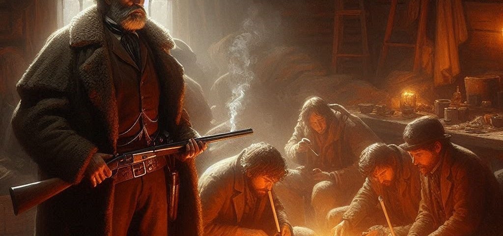An old prospector in the Old West of the 880s carries a shotgun and watches several people smoking long pipes warmed by candles.