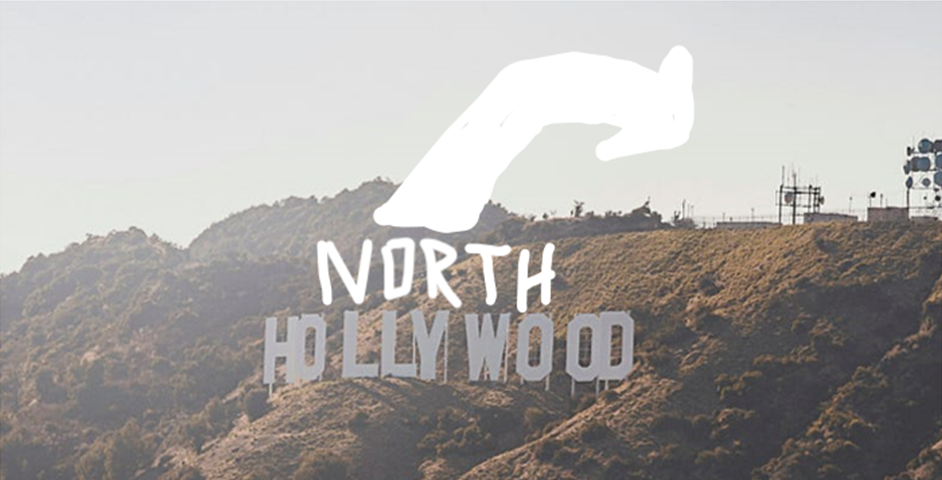 Hollywood sign with added graphic: North. And arrow that points over the hill.