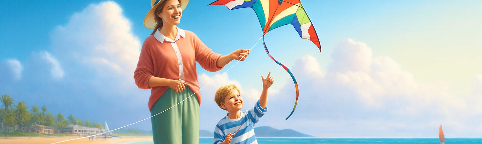 Ben and his Mom are flying a kite on the beach.
