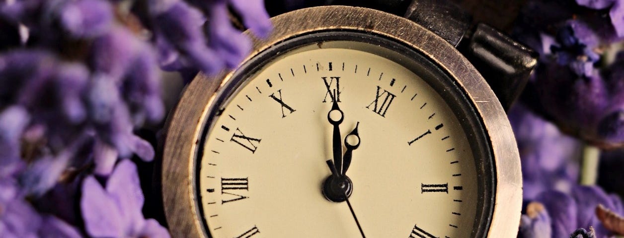 A pocket watch resting on lavender