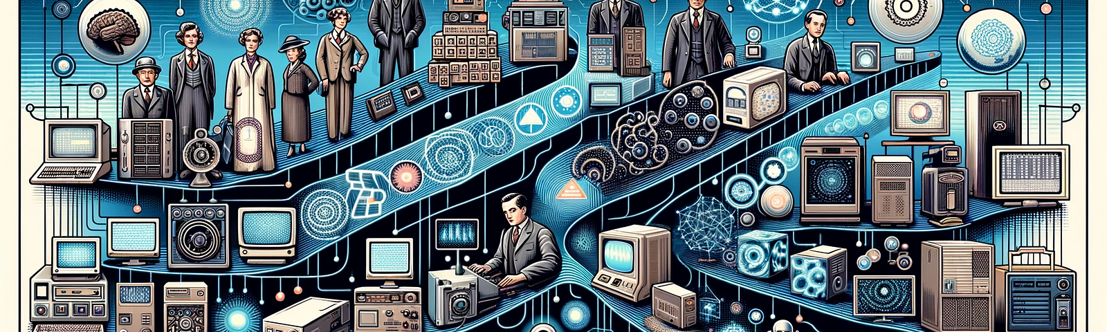 Timeline of AI evolution from Turing Test to modern applications in healthcare and finance.