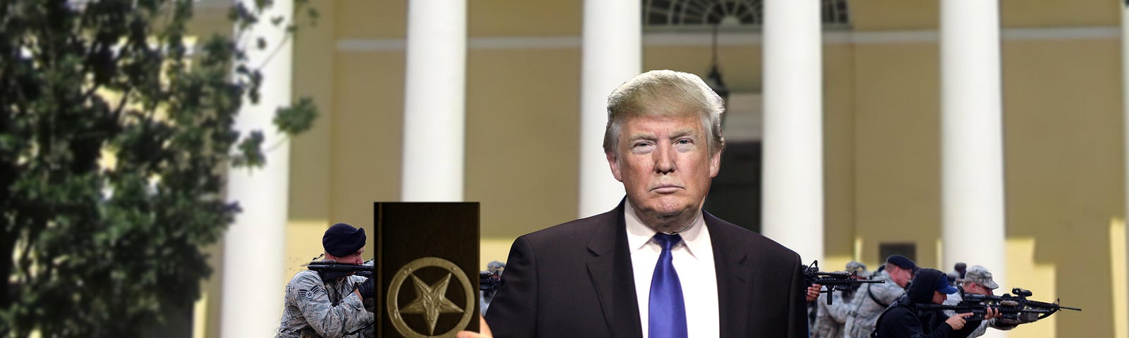 Trump holding a Satanic Bible while troops attack