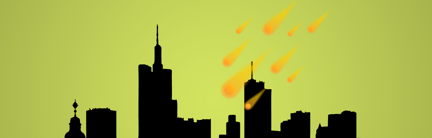 A silhouette of a city and meteors.