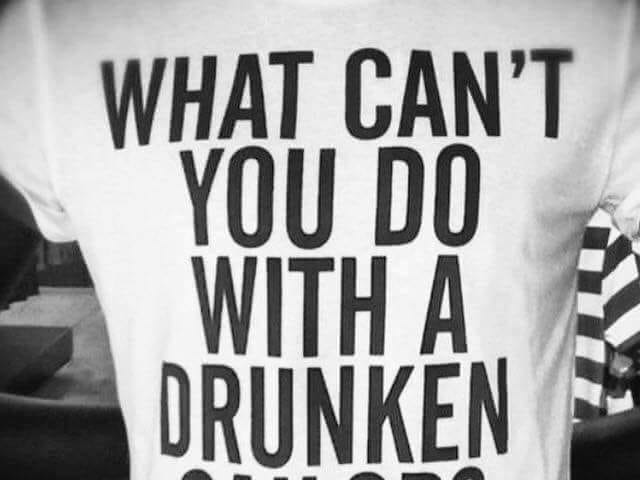 White men’s tee shirt that says What Can’t You Do With A Drunken Sailor?