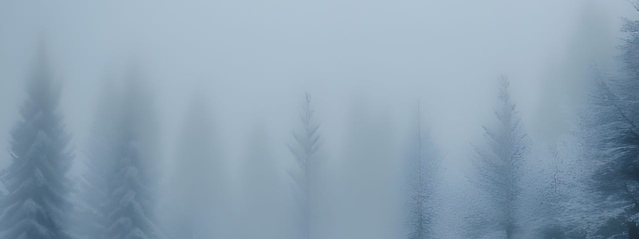freezing fog engulfs a pine forest