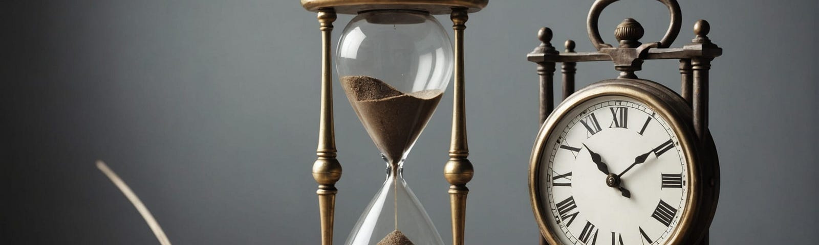 Hourglass, clock and an arrow.
