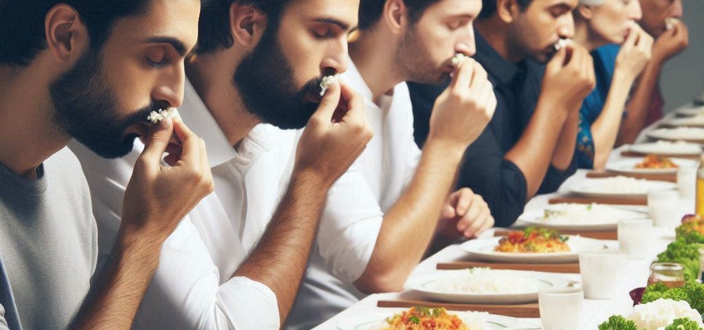 a row of men at a table smelling items