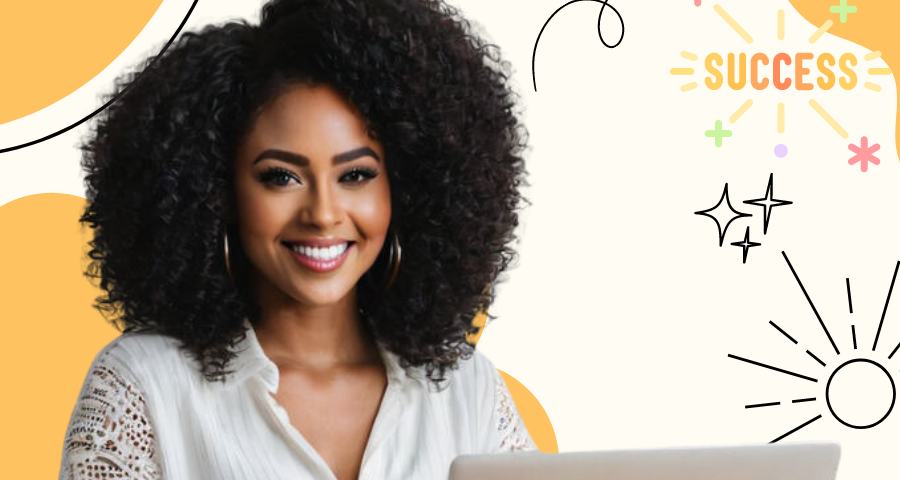 Pretty African American woman at laptop smiling with sunburst, the word success, and stars behind her signifying her joy of writing.