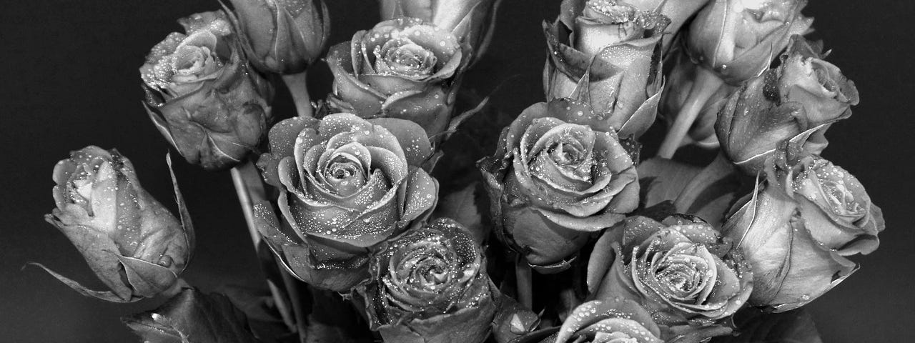A bouquet of roses in black and white.