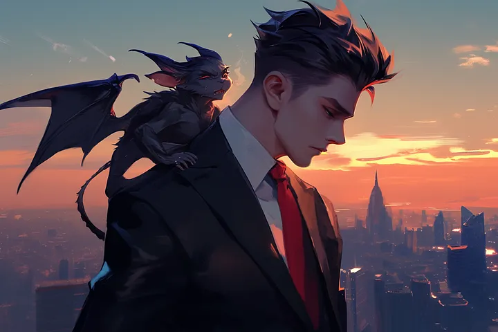 Profile of a young man with short dark hair, wearing a black suit and red tie. There’s a small, vaguely catlike demon perched on his shoulder, and a city at either sunrise or sunset in the background.